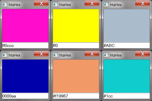 htaHex converting different colour codes into colours.